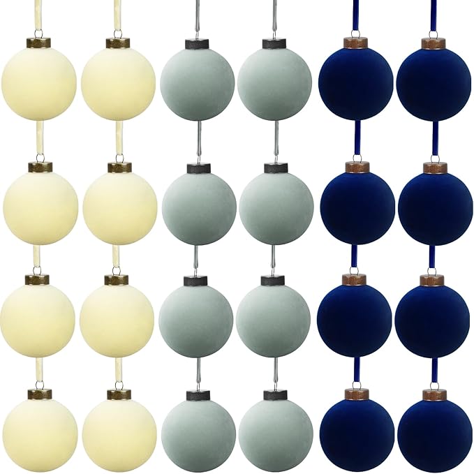 24 Pcs Velvet Christmas Balls Bulk Shatterproof Plastic Christmas Tree Decorations for Decorative Hanging Baubles (24, Beige、Haze Blue、Navy Blue, 2.36Inch)