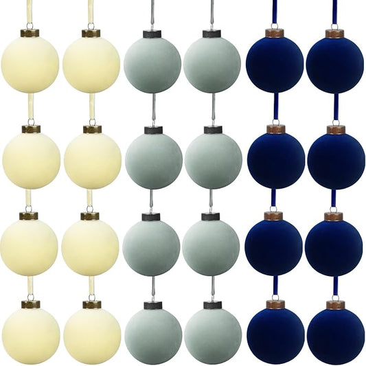 24 Pcs Velvet Christmas Balls Bulk Shatterproof Plastic Christmas Tree Decorations for Decorative Hanging Baubles (24, Beige、Haze Blue、Navy Blue, 2.36Inch)