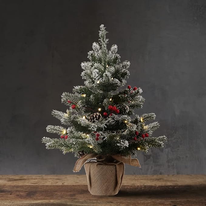 24 Inch 2 FT Pre-lit Snowy Mini Christmas Tree, DECSPAS Small Tabletop Flocked Christmas Tree with 20 LED Lights Red Berries Pine Cones and Cloth Bag Base Xmas Decorations for Holiday Party (Color A)