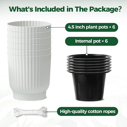 T4U 4.5 Inch Plant Pots Self Watering, 6 Pack African Violet Pots, Small Plant Pots for Plants, Small Indoor Plant Pot, Self Watering Planter for African Violet, Succulents (6 Pack 4.5" Pots, White)