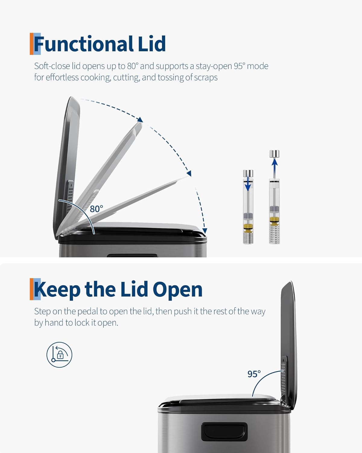 GarveeHome 2 x 8 Gallon Stainless Steel Double Trash Can with Lid for Kitchen, Large Dual Trash and Recycle Bin Combo, Step-on Kitchen Metal Garbage Cans, PP Inner Buckets, Liner Rim, Matte Grey