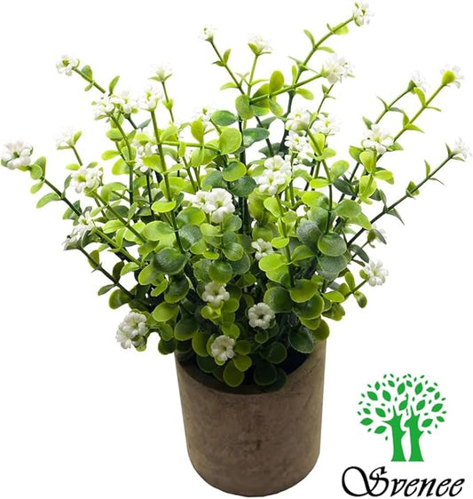Artificial Mini Potted Plants Fake Plastic Milan Flower for Farmhouse Living Room Bathroom Office Desk Shelf Home Greenery Decoration (White)