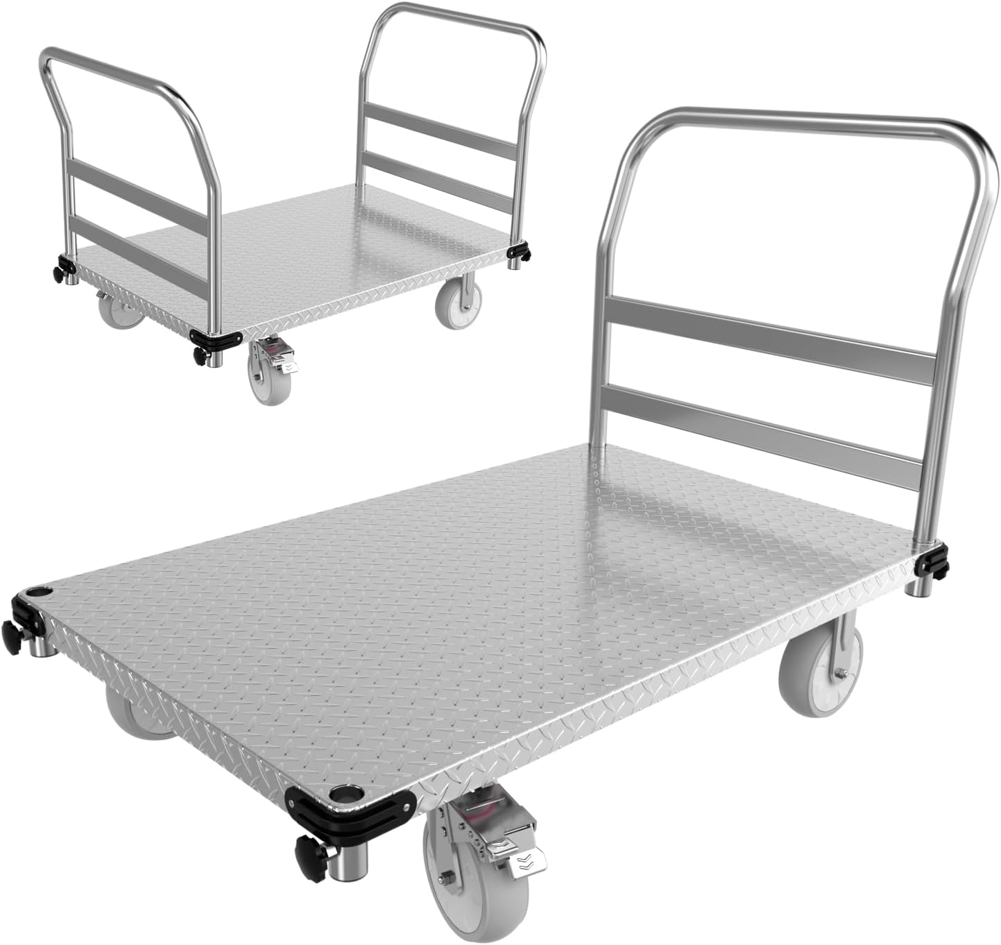 Platform Truck 3000LBS Capacity Industrial Flatbed Cart with 2 Detachable Handels, 44" x 28" Push Dolly with 6" Rubber Swivel Wheels, Heavy Duty Flat Cart Hand Truck for Industrial and Commercial