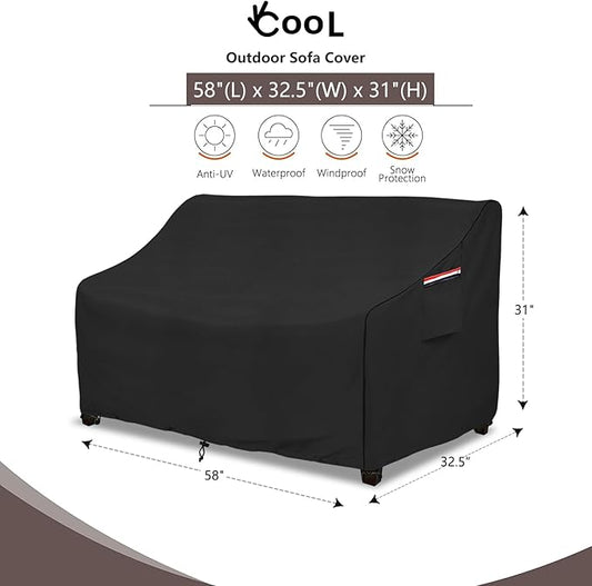 okcool Heavy Duty Patio Sofa Cover, 100% Waterproof 2-Seater Outdoor Sofa Cover Fits up to 58W x 32.5D x 31H Inches, Lawn Patio Furniture Covers,Black