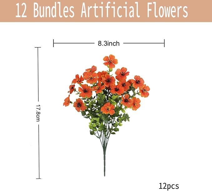 SHIAWASENA Realistic Outdoor Fake Plants Flowers, Artificial Flowers, UV Resistant, 12 Bundles Faux Silk Colorful Violet Flowers Bouquet with Eucalyptus (Orange)