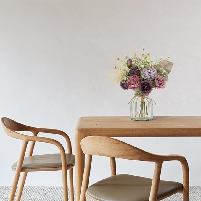 LESING Fake Artificial Flowers with Vase Faux Silk Flower Bouquet in Glass Vase Rose Floral Arrangements Flower for Home Office Decoration, Dining Table Centerpiece (Purple)