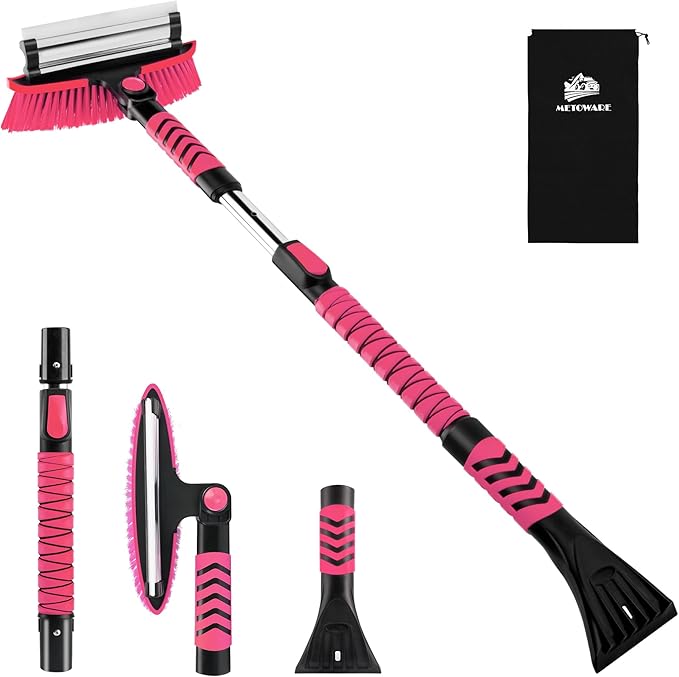 METOWARE 44'' Snow Brush and Ice Scrapers for Car Windshield, Extendable Snow Brush for Car with Ergonomic Foam Grip and 360° Pivoting Brush Head for Car SUV Truck Pink