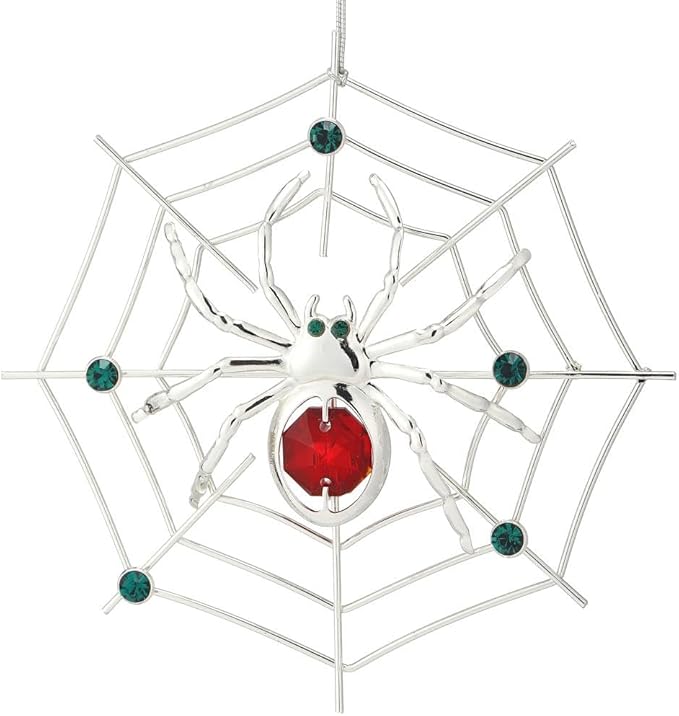 Matashi Silver Plated Christmas Tree Spider Ornament w Red, Green Crystals Lucky Hanging Decoration, Holiday Ornament Gift, Unique Spider Decor for Christmas & Halloween Party w Tinsel Legend Story