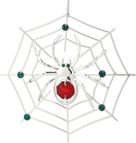 Matashi Silver Plated Christmas Tree Spider Ornament w Red, Green Crystals Lucky Hanging Decoration, Holiday Ornament Gift, Unique Spider Decor for Christmas & Halloween Party w Tinsel Legend Story