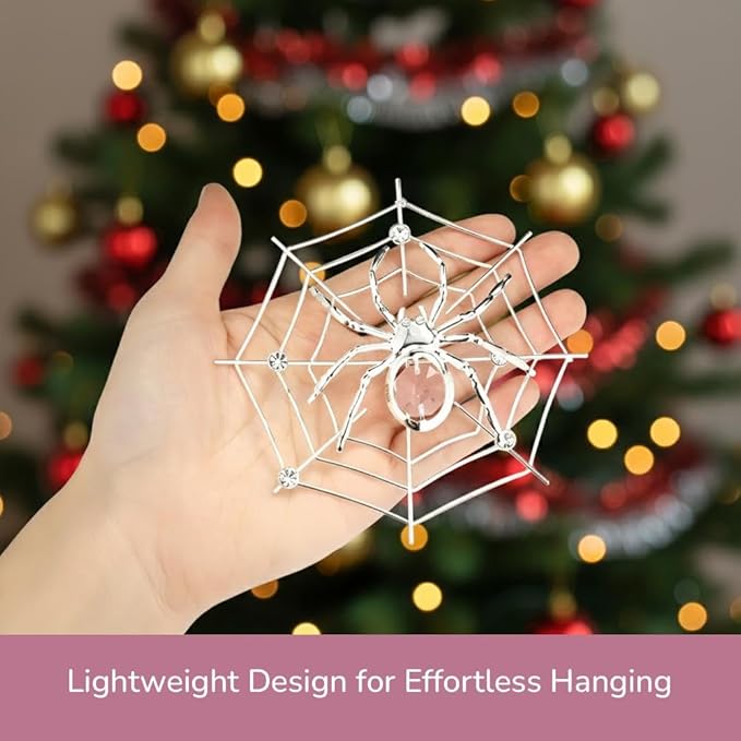 Matashi Silver Plated Christmas Tree Spider Ornament w Pink, Clear Crystals Lucky Hanging Decoration, Holiday Ornament Gift, Unique Spider Decor for Christmas & Halloween Party w Tinsel Legend Story