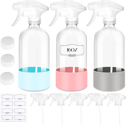 3 PACK/16 OZ Glass Spray Bottles with Upgraded Adjustable Spray Nozzle, Refillable Containers with Silicone Sleeve, Spray Bottle for Hair&Cleaning Solutions&Essential Oils-Pink Blue Gray