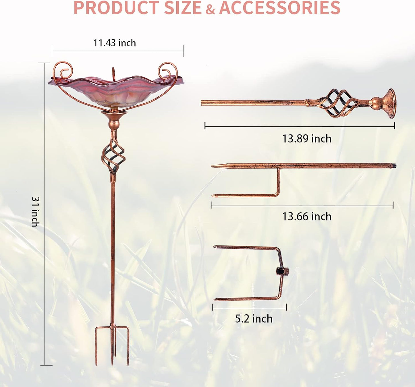 VCUTEKA Bird Bath, Glass Bird Baths for Outdoors Birdfeeder with Metal Stake Birdbath Garden Decor, Red