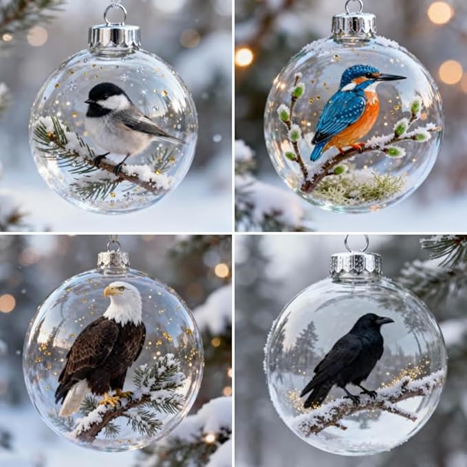 Winter Birds Christmas Glass Bauble Collection, Nature’s Birds Crystal Glass Ornament Set, 2026 Cute Hummingbird Christmas Tree Ornaments, for Xmas Tree Memorial Gifts, Room Decor(Stylea)