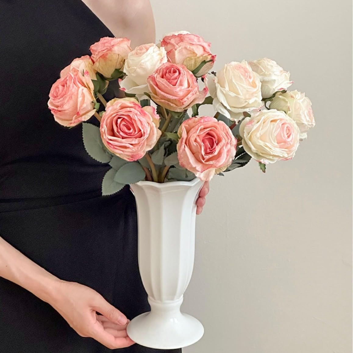 Kimura's Cabin 12pcs Lifelike Faux Silk Roses Flowers with Stem Artificial Rose Bouquet Fake Vintage Roses Dried Flower for Valentines Day Home Centerpiece Wedding Party DIY Decoration(Pink White)