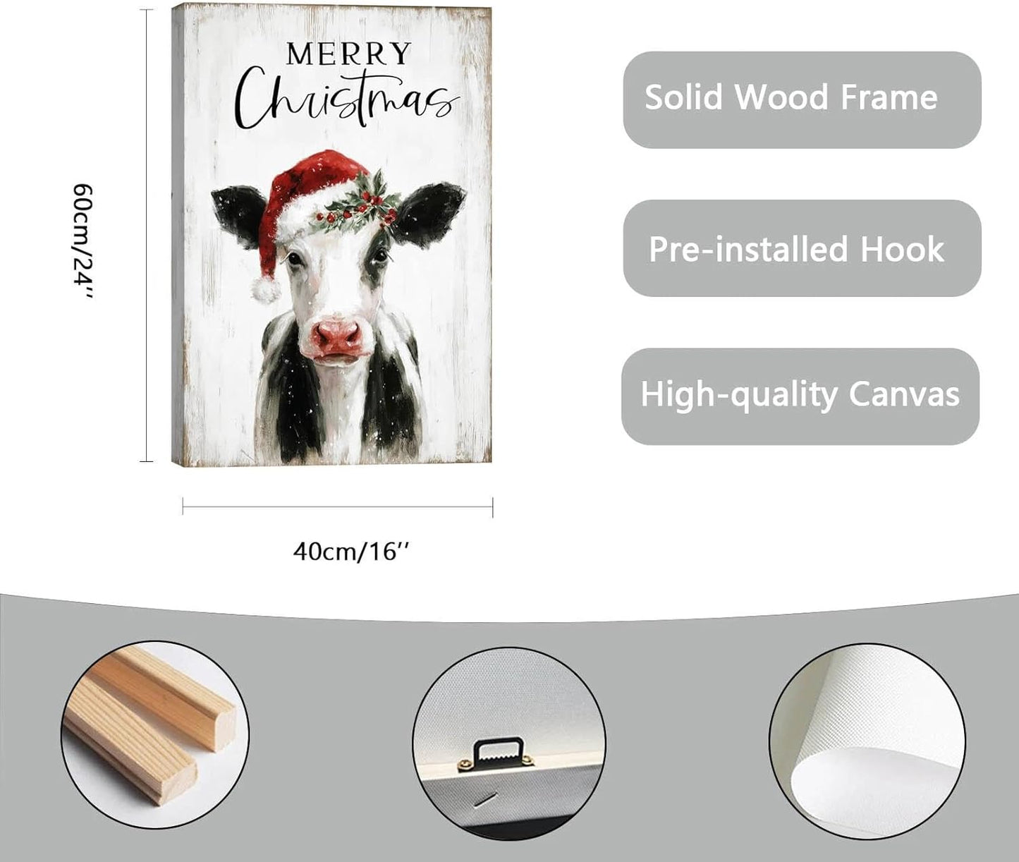 Christmas Cow Canvas Wall Art – Framed Farmhouse Decor for Xmas, Ready to Hang Print Holiday Gifts for Bedroom & Living Room Indoor 16x24Inch