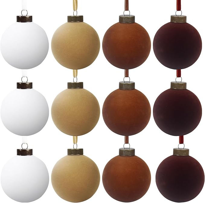 12 Pcs Velvet Christmas Balls Bulk Shatterproof Plastic Christmas Tree Decorations for Decorative Hanging Baubles (12, White、Khaki、Brown、Coffee, 3.94Inch)