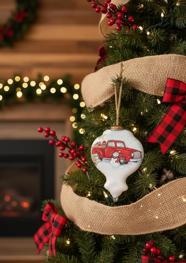 All Roads Lead Home Red Truck at Christmas – Hand-Painted Glass Vintage Red Truck Christmas Decor for Christmas Tree