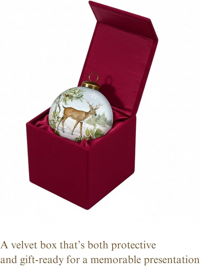 Winter Deer Ornament – Hand-Painted Woodland Buck Scene – Whitetail Glass Deer Christmas Ornament – 3" Round Collectible – Deer Hunting Gift