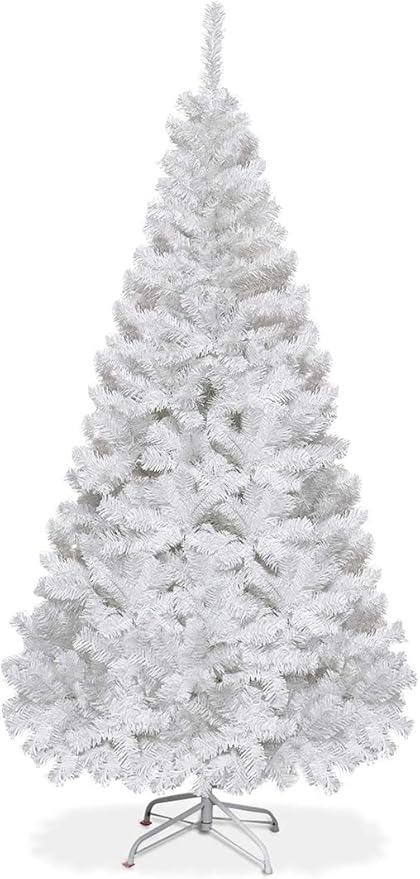 HAPPYGRILL 6FT Unlit White Artificial Christmas Tree with Solid Metal Stand, PVC Material 650 Branches Xmas Tree