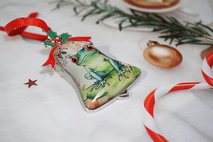 Christmas Ornament Bell Pendant Decorative Metal Glass Hanging Christmas Bell Ornaments for Home Decoration Party Decor (Cute Frog Flower)