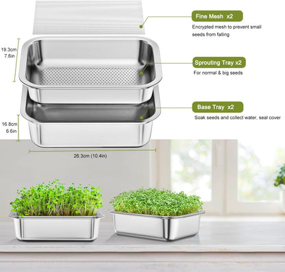 FANHAO 2-Pack Sprouting Tray Kit, Stainless Steel Soil-Free Cultivation Germination Tray, Healthy Wheatgrass Grower Sprouting Container Kit Nursery Tray for Indoors Plant Seedlings