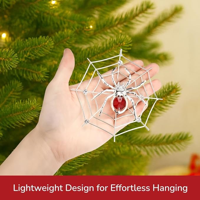 Matashi Silver Plated Christmas Tree Spider Ornament w Red, Clear Crystals Lucky Hanging Decoration, Holiday Ornament Gift, Unique Spider Decor for Christmas & Halloween Party w Tinsel Legend Story