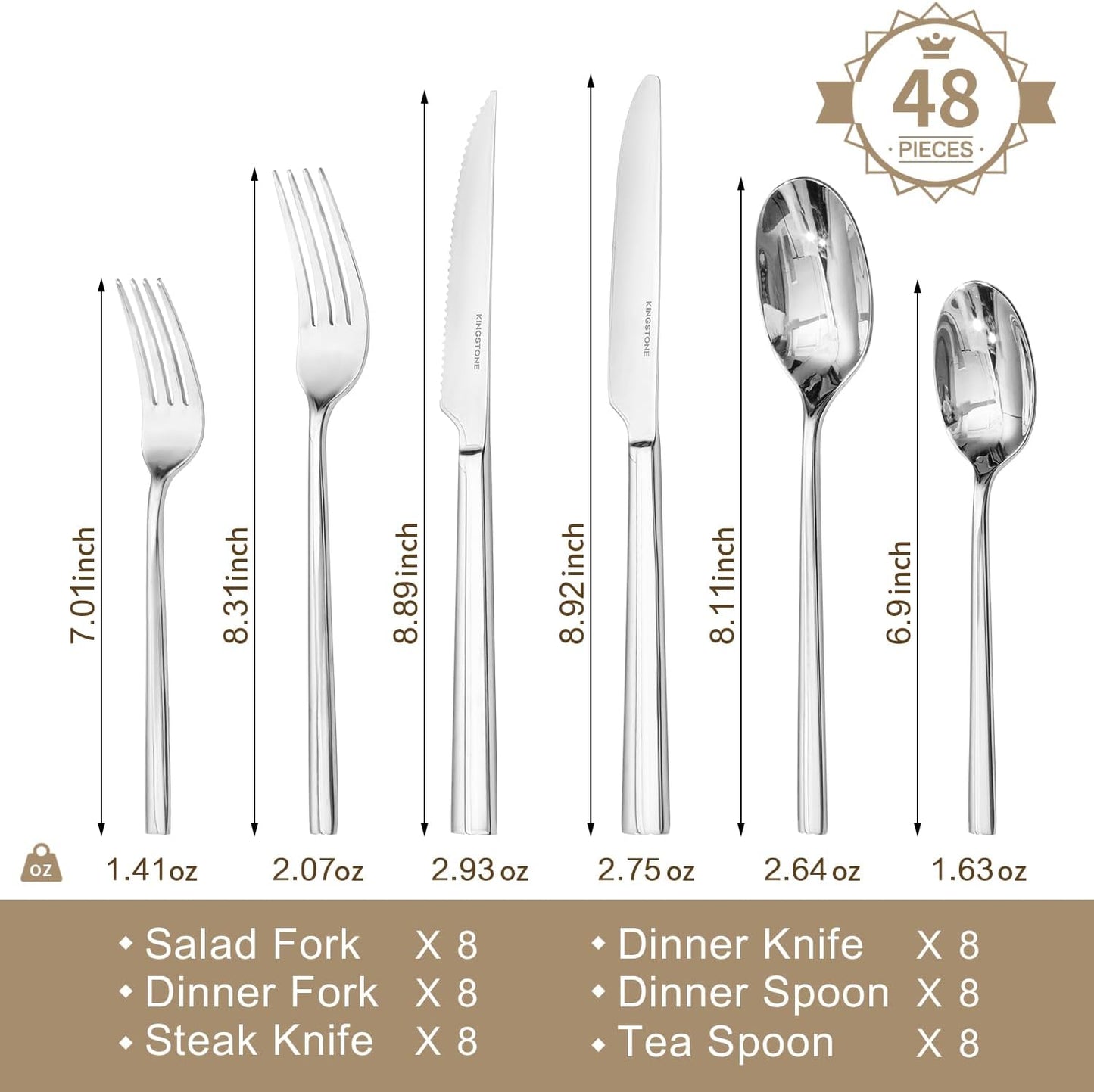 KINGSTONE Silverware Set with Steak Knives, 48-Piece Forged Flatware Set Cutlery Set Premium Stainless Steel, Service for 8, for Kitchen, Home, Wedding, Party, Mirror Polished and Dishwasher Safe