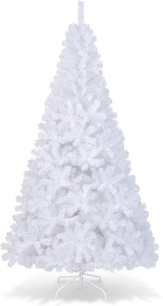 Happygrill 7 Feet White Christmas Tree Artificial Xmas Tree with Solid Metal Stand White Christmas Pine Tree for Indoor Outdoor Decoration
