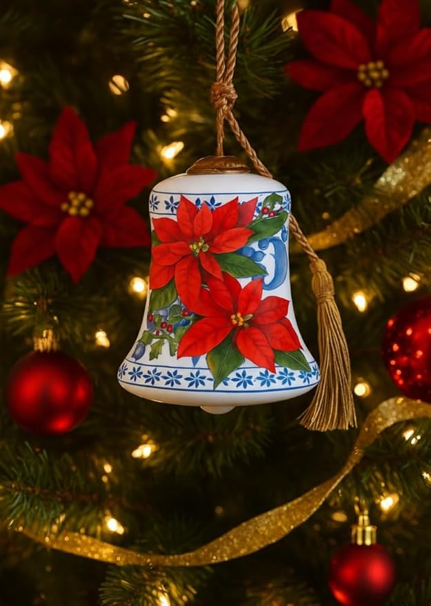 Poinsettia Ornament – Hand-Painted Glass Bell Christmas Ornament – Blue and White Holiday Design – Poinsettia Ornaments for Christmas Tree