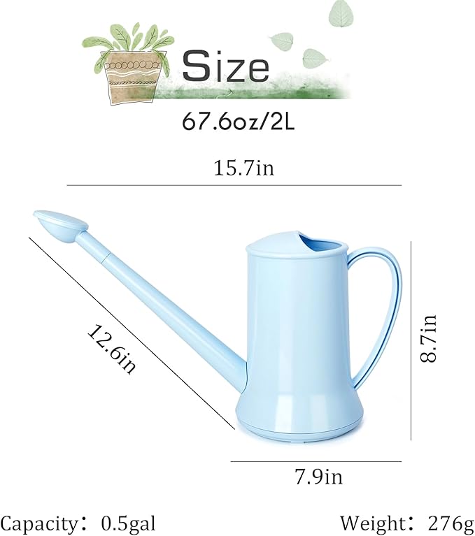 XXXFLOWER 1/2 Gallon Small Indoor Plant Watering Can, 2L Long Spout Removable Nozzle Flower Watering Pot for Office House Indoor Garden（Blue, 67 oz）