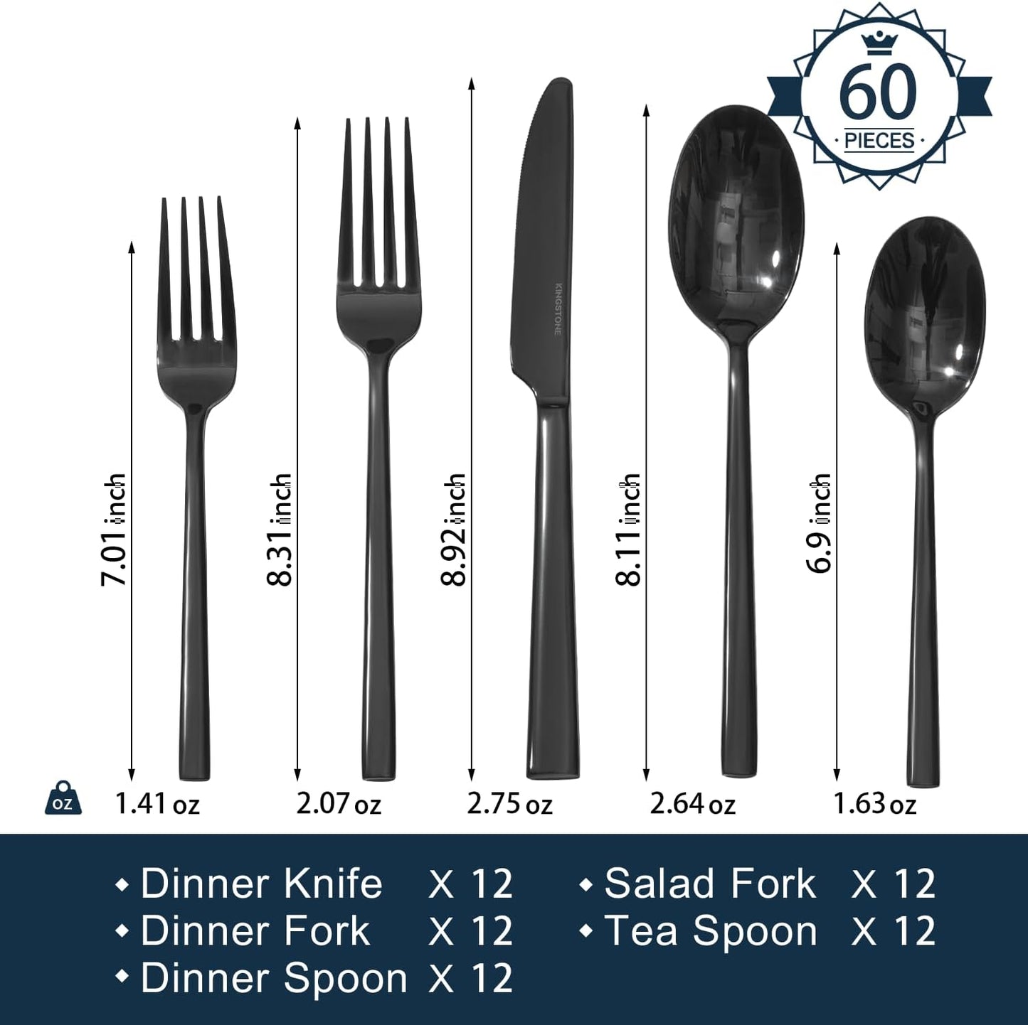 KINGSTONE Black Silverware Set, 60-Piece Forged Flatware Set Cutlery Set Premium Stainless Steel, Service for 12, for Kitchen, Home, Wedding, Party, Mirror Polished and Dishwasher Safe