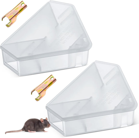 Qualirey 2 Pcs Mice Station with Key Triangle Bait Station Reusable Rodent Trap Bait Box, Keeps Children and Pets Safe Indoor & Outdoor, Bait Not Included, Suitable for Small Mice (Translucent)