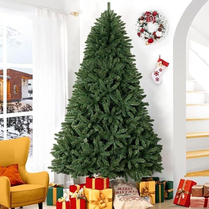 Naomi Home 7.5ft Christmas Tree with Lights Realistic Spruce Christmas Tree Prelit with Foot Pedal 1717 Branch Tips 550 Warm Lights and Metal Stand Aritificial Tree arbol De Navidad