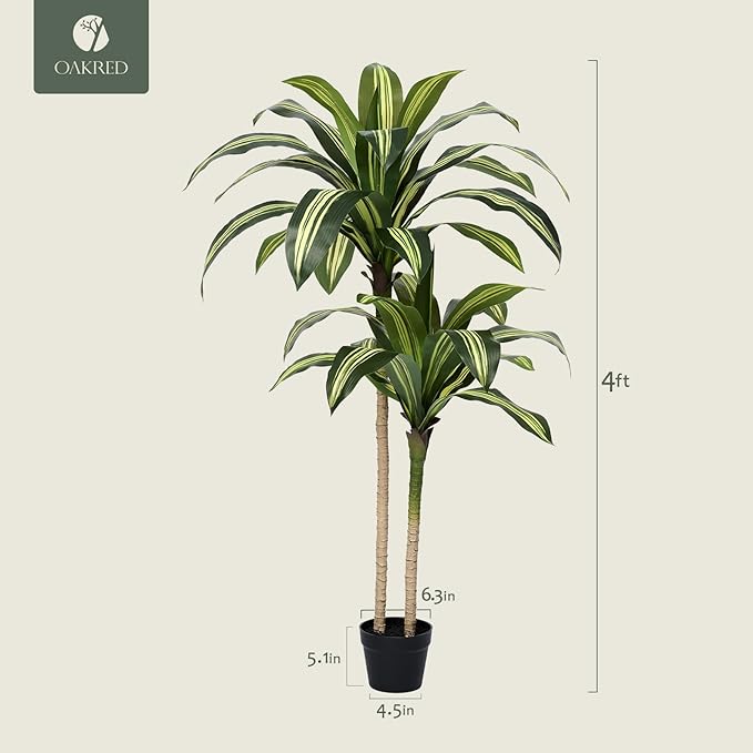 Artificial Dracaena Tree 4FT Tall Fake Tree - Faux Indoor Plant with UV Resistant Potted Design - Realistic Large Artificial Plants for Home Living Room Office Decor Indoor