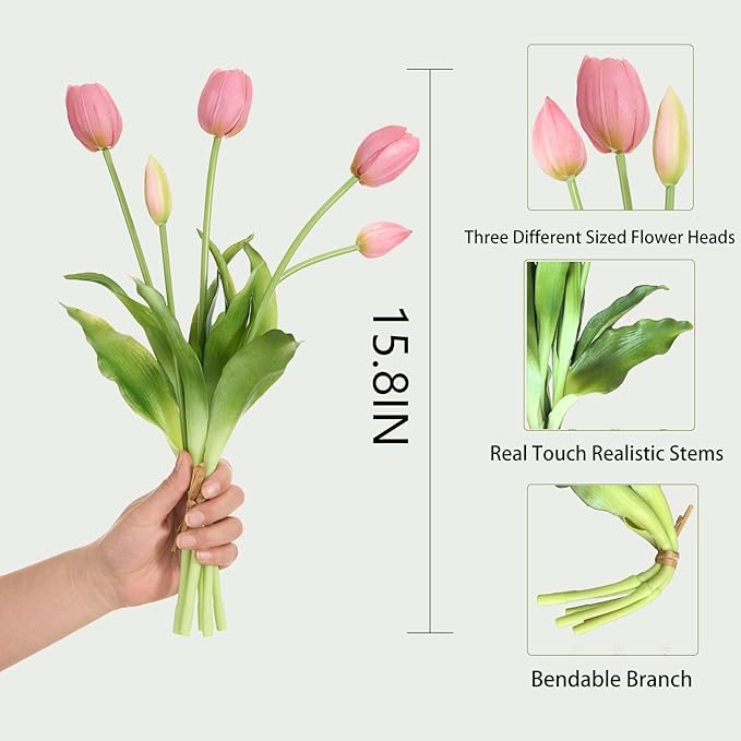 15 Pcs Deep Pink Tulips Artificial Flowers Faux Tulips Real Touch Latex Fake Flower Bouquet for Spring Wedding Home Décor Centerpiece Arrangements