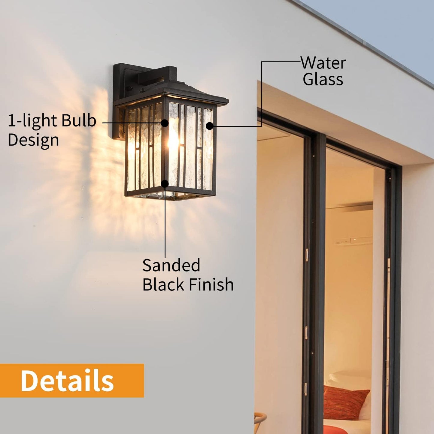 Outdoor Wall Light, Matte Black Porch Light Fixtures, Waterproof Outside Wall Lantern, Anti-Rust Exterior Wall Mount Sconce with Water Glass for House Garage Patio