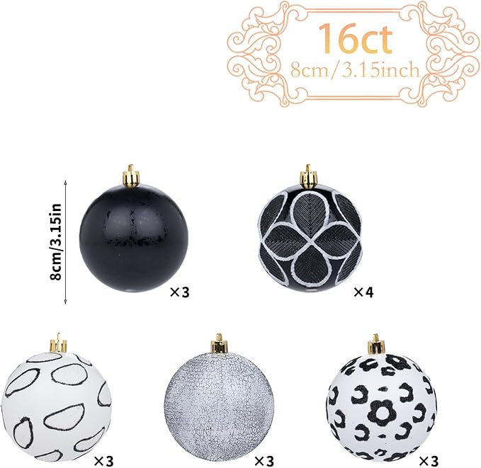16CT Leopard Christmas Ornaments,Shatterproof Black and White Christmas Decorations, Lage Baubles Ornaments Hanging Decor for Xmas Tree Home Party Festivals (80MM/3.15'')