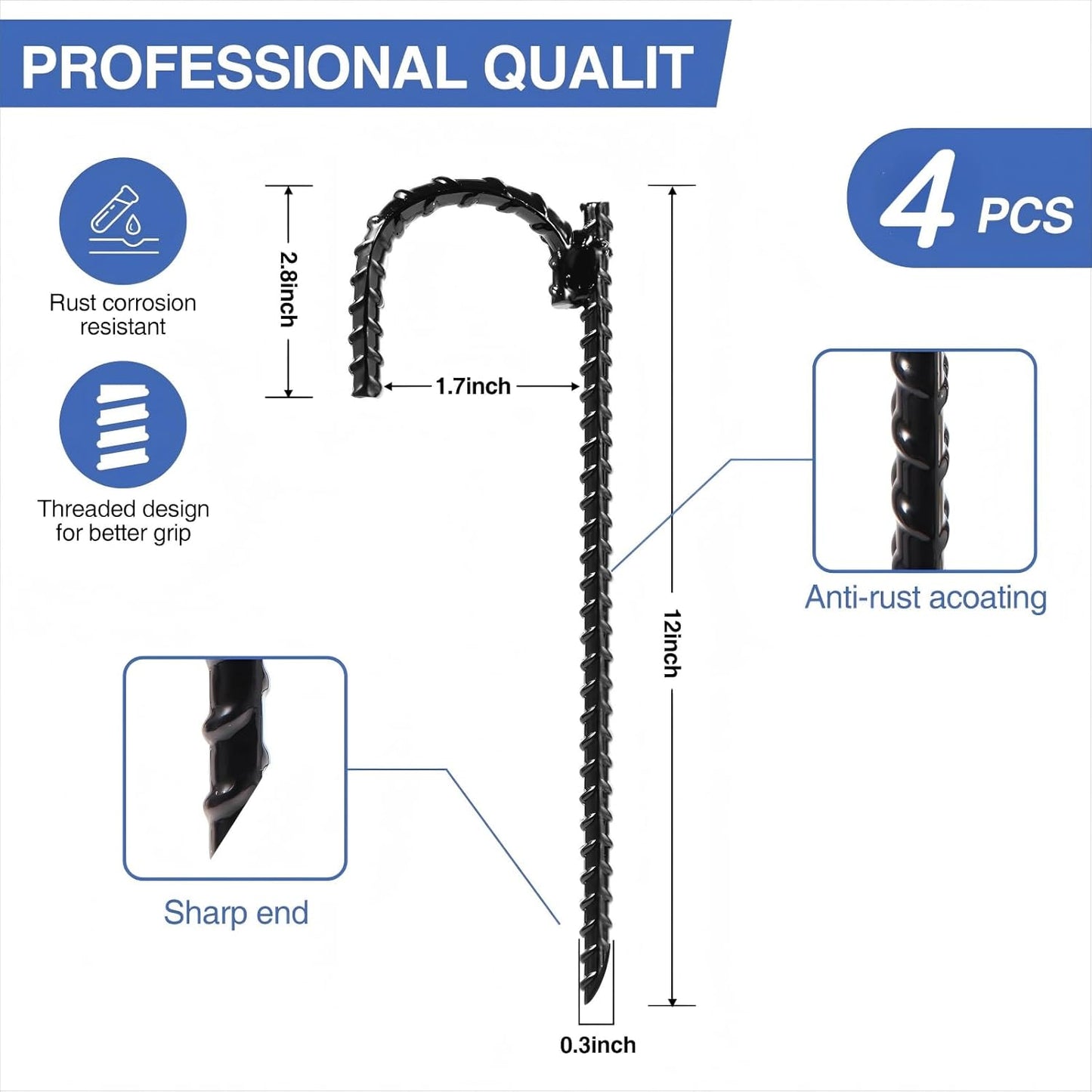 4pcs Threaded Steel bar Stakes/Ground Stakes/Outdoor Fence Ground Stakes.New J Hook Heavy-Duty rebar Metal Stakes ，Proof Coated Steel Ground Stakes with Chisel Point End.. (4)