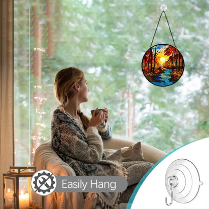 Fall Decor Sunrise Tree and River Landscape Stained Glass Suncatcher for Window Hanging - Mountains Sun Catchers Diamond Glass Panel Hangings Wall Decor - Birthday Gift for Mom Grandma Nature Lovers