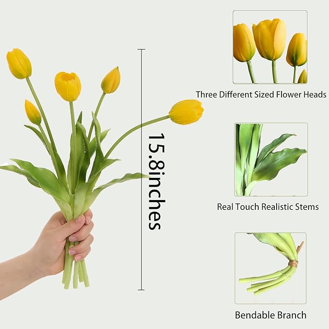 15 pcs Yellow Tulips Artificial Flowers Faux Tulips Real Touch Latex Fake Flower Bouquet for Spring Wedding Home Décor Centerpiece Arrangements