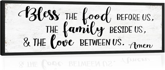 Bless the Food Before Us Wall Decor: Farmhouse Rustic Kitchen Signs Wall Decor Framed Hanging Wall Plaques 12" x 40",Inspirational Quotes The Family Beside Us Signs