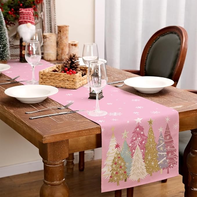 GEEORY Christmas Table Runner 13x72 Inch, Xmas Trees Snowflakes Holiday Decorative Farmhouse Table Decoration for Kitchen Dinning, Indoor Outdoor Dinner Party Decor (Pink) GT153-72