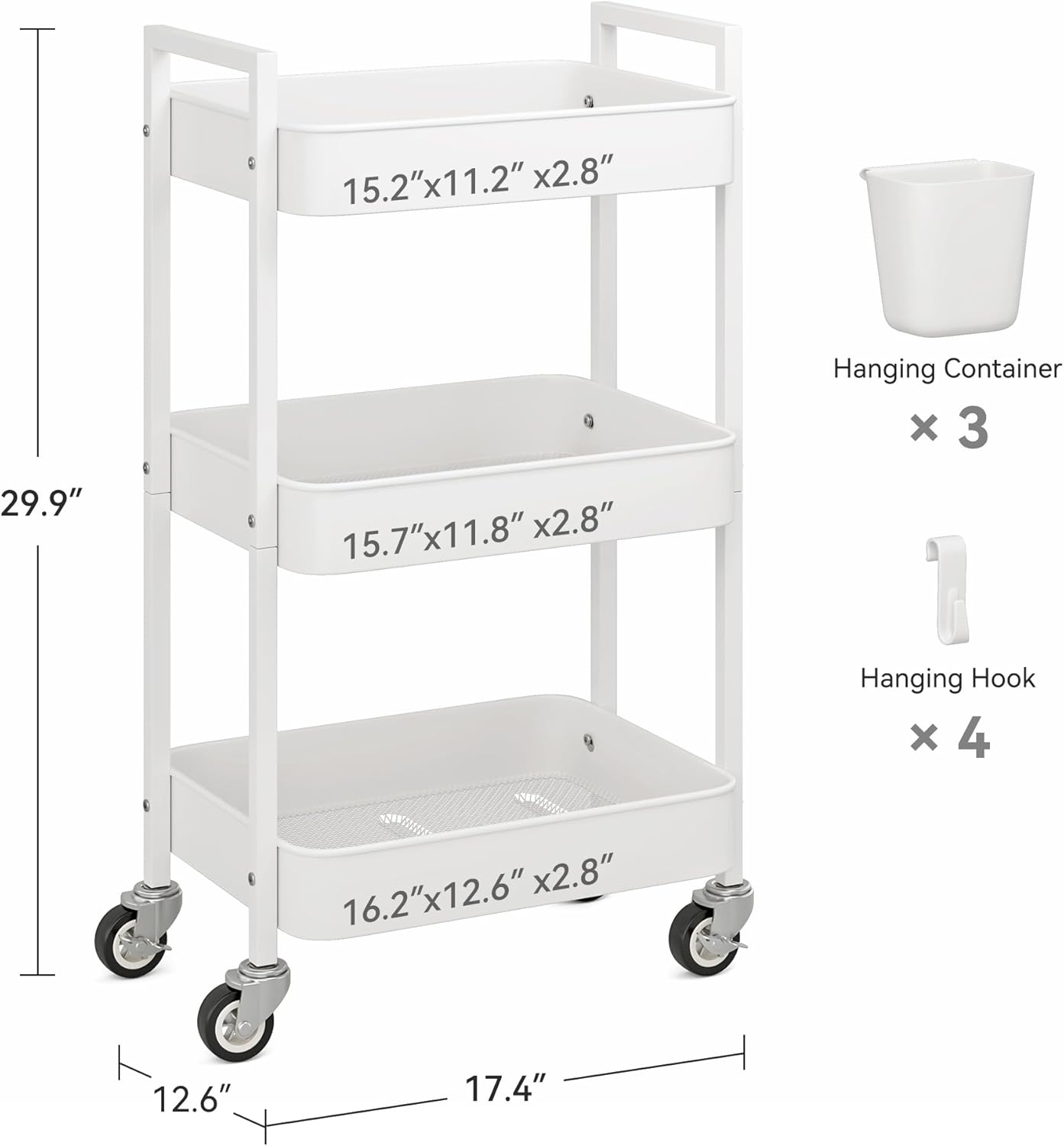 3 Tier Rolling Cart,Utility Cart with Locking Wheels, Hanging Cups,&Hooks, Heavy Duty Metal Storage Organizer Cart for Kitchen,Office, Bathroom,Craft Room,White