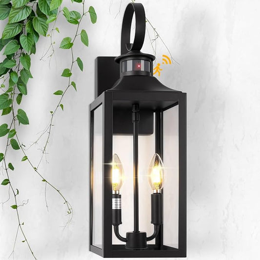 20" Black Motion Sensor Outdoor Light, Large Dusk to Dawn Outside Lighting Fixture, Exterior Farmhouse Wall Mount Porch Lantern, Waterproof Sconce Lamp for Outside Patio, 3 Modes/2-Light/1-Pack