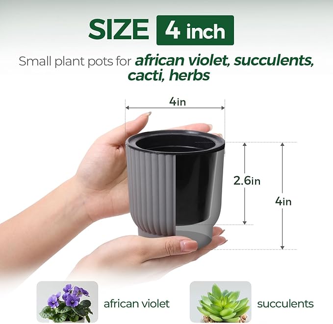 T4U 4 Inch Plant Pots Self Watering, 6 Pack African Violet Pots, Small Plant Pots for Plants, Small Indoor Plant Pot, Self Watering Planter for African Violet, Succulents (6 Pack 4" Pots, Gray)