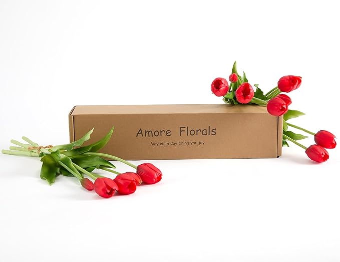 15 Pcs Hot Red Tulips Artificial Flowers Faux Tulips Real Touch Latex Fake Flower Bouquet for Spring Wedding Home Décor Centerpiece Arrangements