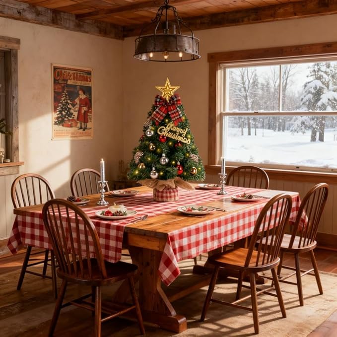 Prelit Mini Christmas Tree Tabletop with LED Lights, 2ft Artificial Xmas Tree with Treetop Star and Hanging Ornaments Small Christmas Trees Decoration for Home Cafe Office Desk, Green