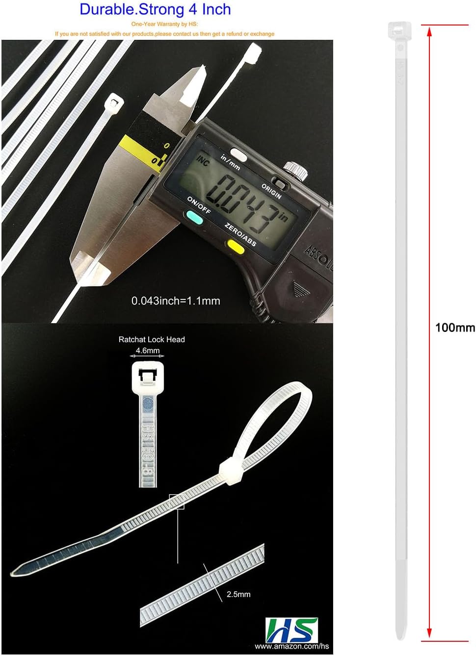 HS 1000 Pack Mini Zip Ties Clear Plastic Ties 4 Inch Bulk 4" White Cable Ties 18 Lb for Bag Tags,Electric,Lights,Party Decorate