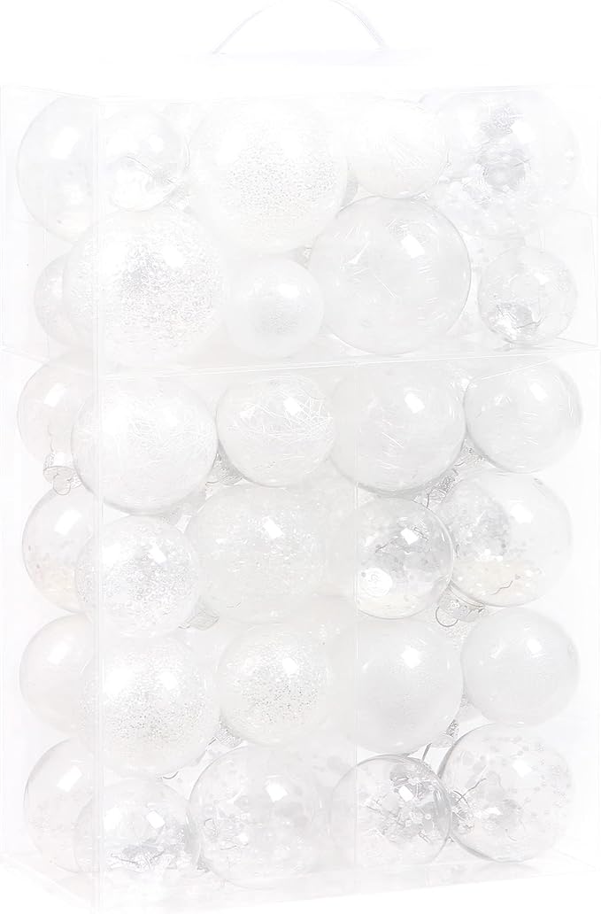 Sea Team Multi-Size Shatterproof Clear Plastic Christmas Tree Ball Ornaments Set, Decorative Hanging Transparent Xmas Baubles with Stuffed Delicate Decorations (48 Counts, White)
