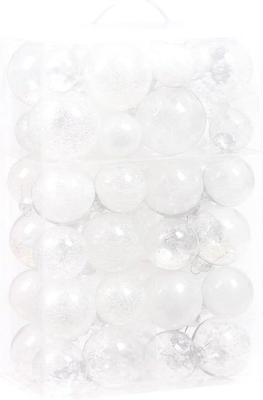 Sea Team Multi-Size Shatterproof Clear Plastic Christmas Tree Ball Ornaments Set, Decorative Hanging Transparent Xmas Baubles with Stuffed Delicate Decorations (48 Counts, White)